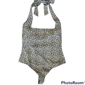 Free People Talk Back Bodysuit Black and Tan Floral Print